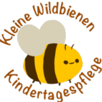 Eine stilisierte gezeichnete Wildbiene mit Schriftzug "Kleine Wildbienen" 